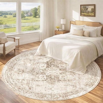 Round Rugs 6ft Washable Rug, Vintage Boho Medallion Rugs Non-Slip Soft Low Pile Circle Distressed Rug Indoor Retro Carpet for Living Room Bedroom Dining Room Home Office (Brown, 6' Round)