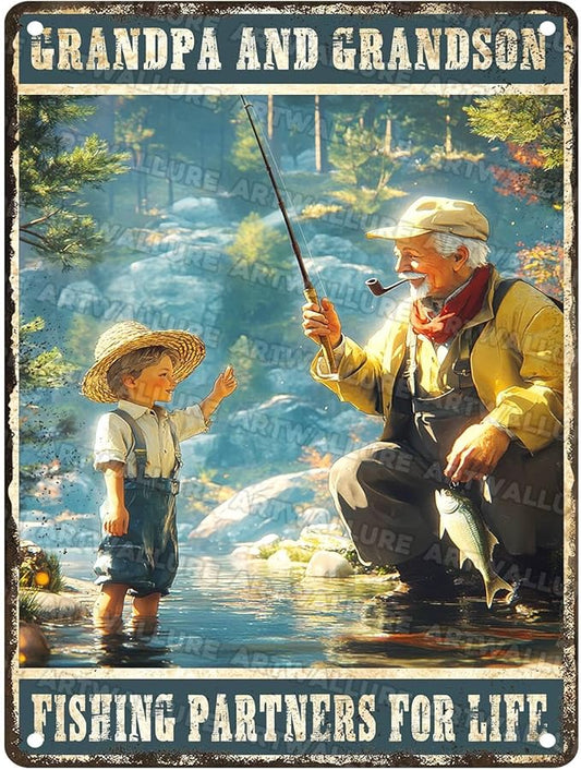 Fun Vintage Fishing Metal Sign Grandpa And Grandson Fishing Partners For Life Metal Poster Home Kitchen Garden Bar Pub Cafe Man Cave Rustic Aluminium Sign 12x16Inch