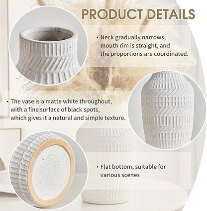 Boho White Ceramic Vase, 8.7" Matte Textured Flower Vase for Home Decor, Minimalist Table Centerpiece for Living Room, Office, Bedroom (Matte White Vase)