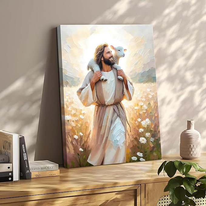 Jesus Canvas Wall Art Print – Christian Wall Decor Poster Painting of Jesus Carrying the Lamb, Inspirational Religious Decor for Living Room, Church or Prayer Room – 12"x16" Framed