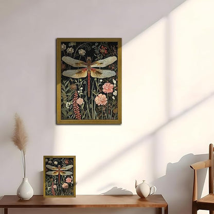 Framed Hand Drawn Sandstone Dragonfly Wall Art, Vintage 3D Textured Nature Botanical Wall Decor Pictures, Pink Flowers Print Painting for Living Room Kitchen Home Decor 16x24inch