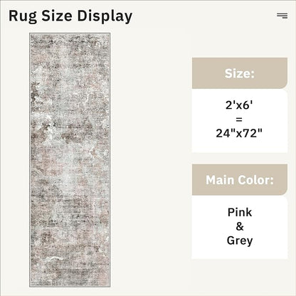 Soalmost Runner Rug 2x6 Washable Non-Slip Kitchen Runner Rugs for Bathroom Laundry Room Pink/Grey Vintage Floor Carpet Runners for Hallway Entryway
