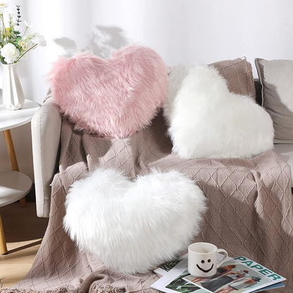 Enhon 2 Pcs Fluffy Heart Pillows Faux Fur Heart Shaped Plush Pillow Soft 20 x 15.7 Inch Love Throw Pillows with Insert for Decorative Office Home Bedroom Living Room Sofa(White)