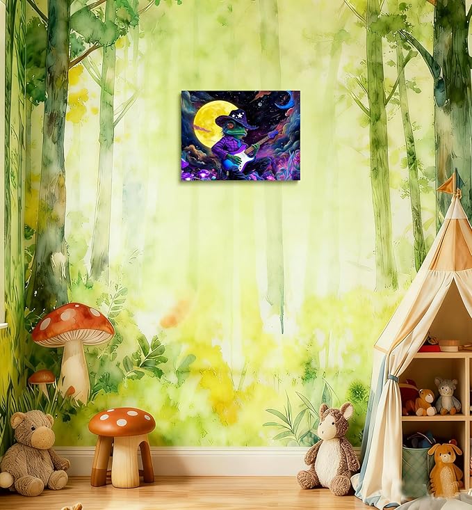 12x16 Trippy Space Purple Frog Canvas Wall Art, Watercolor Framed Outer Funny Guitar Player Kids Sci-fic Room Decor Teen Boy Bedroom Cool Posters Children Home Prints Painting for Living Room Bathroom