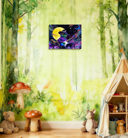 12x16 Trippy Space Purple Frog Canvas Wall Art, Watercolor Framed Outer Funny Guitar Player Kids Sci-fic Room Decor Teen Boy Bedroom Cool Posters Children Home Prints Painting for Living Room Bathroom
