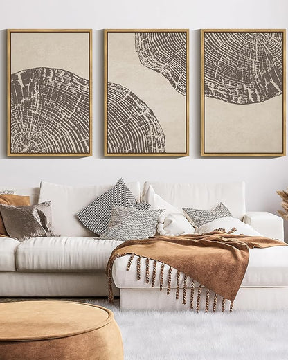 PHOPAGO Farmhouse Vintage Framed Wall Art Large 24x36in Set Gray Wood Tree Ring Spirals Nature Abstract Drawings Rustic Modern Art Decor for Living Room Bedroom - Natural Framed