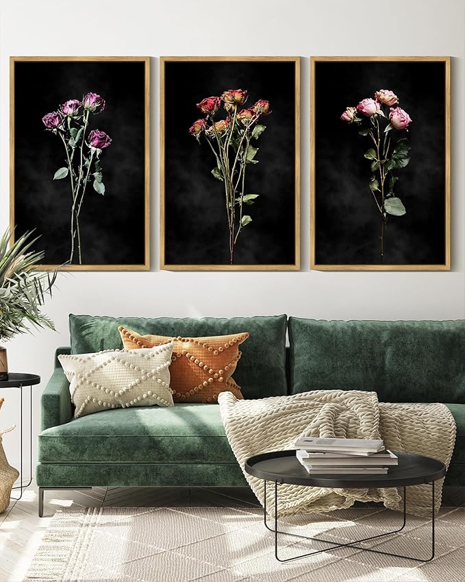 Drsoum Vintage Dark Moody Flower Bouquet Wall Art Framed Retro Wildflower Botanical Prints Modern Nature Plant Floral Rustic Artwork Bedroom Living Room Ready to Hang 16x24in Natural Framed