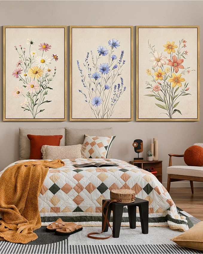 Drsoum Vintage Flower Bouquet Wall Art Framed Retro Bohemian Boho Colorful Floral Plant Rustic Artwork Nature Botanical Wildflower Prints Bedroom Living Room Ready to Hang 24x36in Natural Framed
