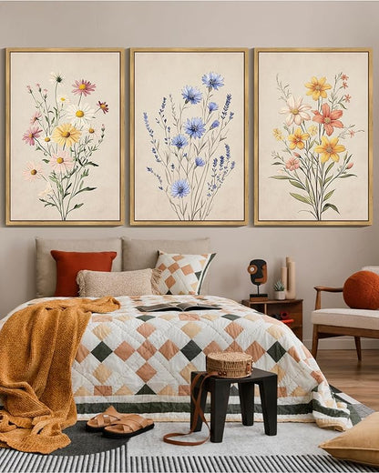 Drsoum Vintage Flower Bouquet Wall Art Framed Retro Bohemian Boho Colorful Floral Plant Rustic Artwork Nature Botanical Wildflower Prints Bedroom Living Room Ready to Hang 24x36in Natural Framed
