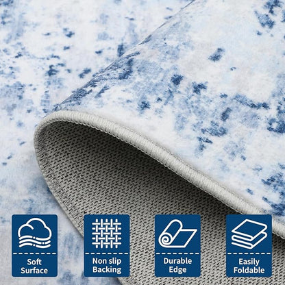 ROYHOME Modern Abstract Runner Rug 2x5 Washable Non Slip Stain Resistant Rug for Bedroom Living Room Non Shedding Low Pile Indoor Floor Cover,Light Blue