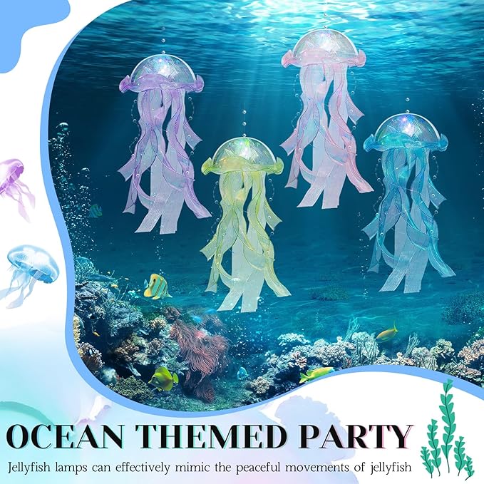 Rossesay 8 Pcs Colorful Jelly Fish Light Lamp Hanging Jellyfish Decorations LED Jellyfish Lantern for Birthday Under Sea Mermaid Wedding Baby Shower Ocean Theme Ceiling Bedroom Decor