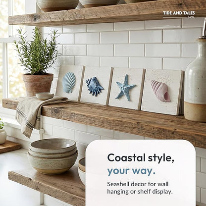 TideAndTales Beach Decor Seashell Wall Art - (Set of 4) Textured 3D Shells and Starfish Decorations for Home or Beach House, Rustic Ocean Theme Coastal Bedroom or Bathroom Wall Decor 6" x 6"