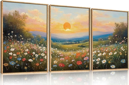 HOURIA Watercolor Spring Floral Meadow Landscape Framed Canvas Wall Art Set,Boho Vibrant Colorful Wildflower Decor,Modern Sunset Nature Inspired Scenery Artwork for Living Room,Bedroom,Farmhouse-24"x36"x3