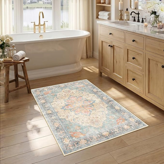 RELEANY Area Rugs 2'6"x4' Kitchen Rugs Entry Rug Small Rugs for Entryway Kitchen Bathroom Door Mat Indoor Entrance,Washable Non Slip, Blue Orange Red