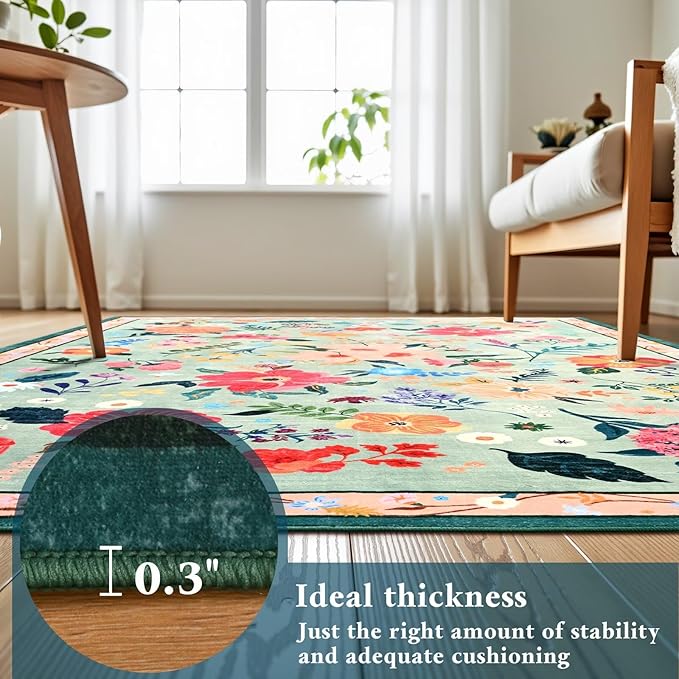 Macgace 2x6 Floral Runner Rug, Flowers Printed Washable Rugs with Non Slip Backing for Girls Bedroom Kitchen Hallway, Cute Carpet Runners Home Aesthetic Decor, Light Green