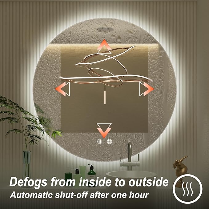 30 Inch Round LED Bathroom Mirror with Light, 3 Color Temperatures (3000K/4500K/6000K), Anti-Fog, Dimmable Backlit, Frameless Round Lighted Bathroom Mirror