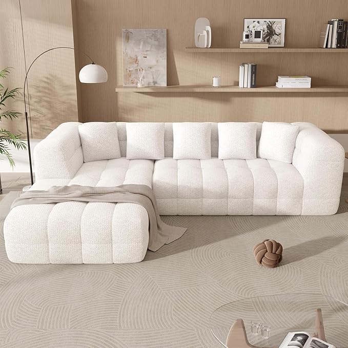 107" Chenille Boneless Couch with L - Shaped Chaise, Comfy Modular Sectional Sofa with Tufted Design, Modern Upholstered Sofa, No - Assembly Sectional Couch, Oatmeal | Modular Sectional, Tufted Design, Modern Upholstered, No-Assembly