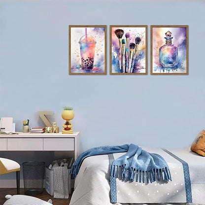 Framed Teen Girls Bedroom Wall Art Set of 3, Pink and Purple Splash Canvas Prints, Makeup Enthusiast Pictures Posters, Drinks Cosmetic Wall Decor for Teenage Girl Room Decor – 16x24 inch