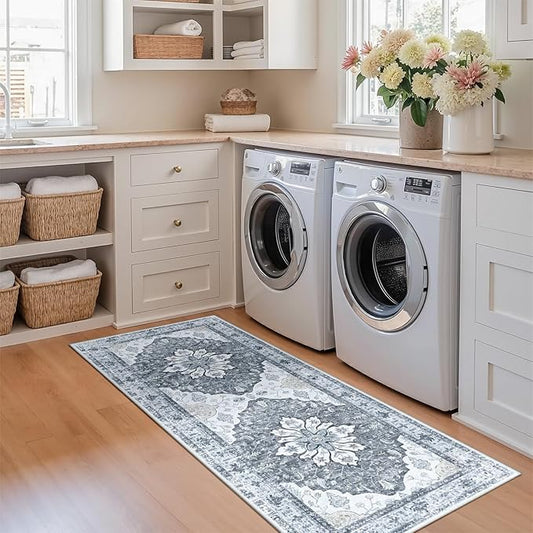 RELEANY Area Rugs 2'x6' Runner Rug Non Slip Washable for Kitchen Hallway Bedroom Beside Laundry Room Bathroom Rug, Floor Carpet, Light Gray Grey White