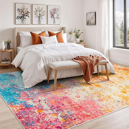 Rugflix 6x9 Area Rugs for Living Room, Washable Colorful Rainbow Rug Stain-Resistant Low Pile, Large Carpet Non-Slip for Kids Girls Room Nursery Bedroom Home Office