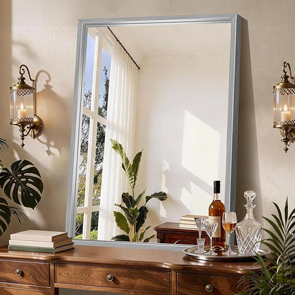 CIRCUMI 30"x42" Brushed Silver Mirror with Chunky Box Metal Frame, Bathroom Mirror for Vanity Remodel & New Home, Living Room, Entryway, Rectangular Wall Mirror, Tempered Glass, Vertical or Horizontal