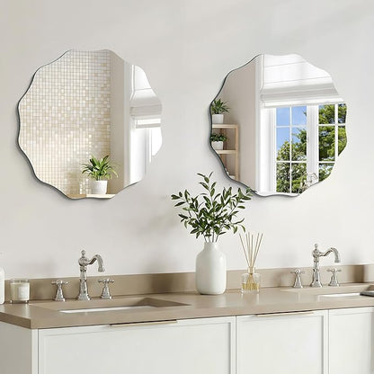 CILIBER Frameless Wavy Round Mirror, 20'' Scalloped Circle Wall Mirror, 3mm Tempered Glass Decorative Bathroom Vanity Mirror, Mounting/Leaning for Mantel, Living Room, Bedroom and Entryway