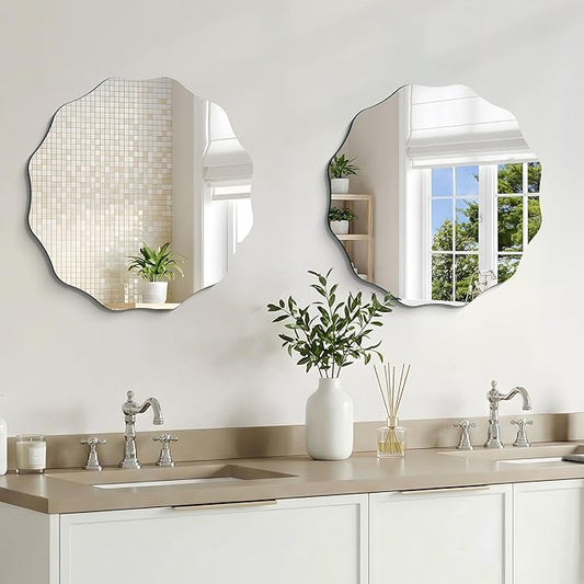 CILIBER Frameless Wavy Round Mirror, 20'' Scalloped Circle Wall Mirror, 3mm Tempered Glass Decorative Bathroom Vanity Mirror, Mounting/Leaning for Mantel, Living Room, Bedroom and Entryway