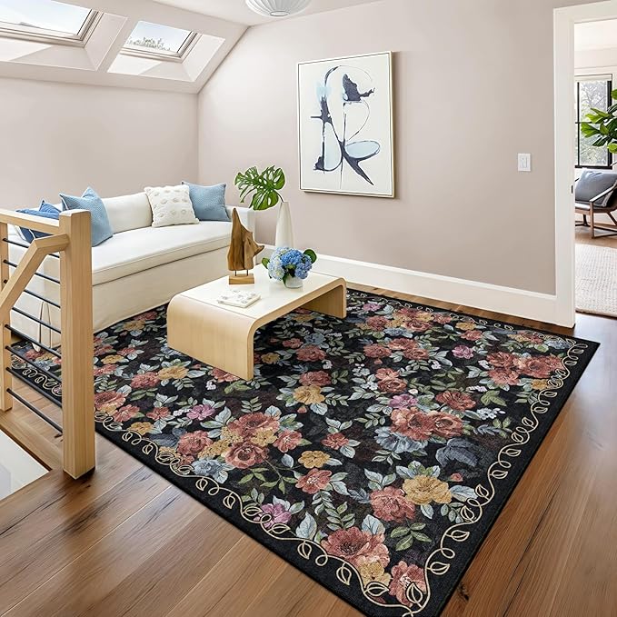 5x8 Machine Washable Area Rug for Living Room, Dark Blue Black Vintage Boho Floral Rug Large Non-Slip Low Pile Soft Faux Wool Carpet, Kids and Pets Friendly for Bedroom Dining Room Farmhouse Decor Rug