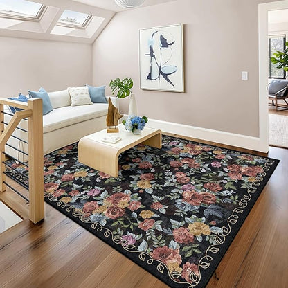 5x8 Machine Washable Area Rug for Living Room, Dark Blue Black Vintage Boho Floral Rug Large Non-Slip Low Pile Soft Faux Wool Carpet, Kids and Pets Friendly for Bedroom Dining Room Farmhouse Decor Rug