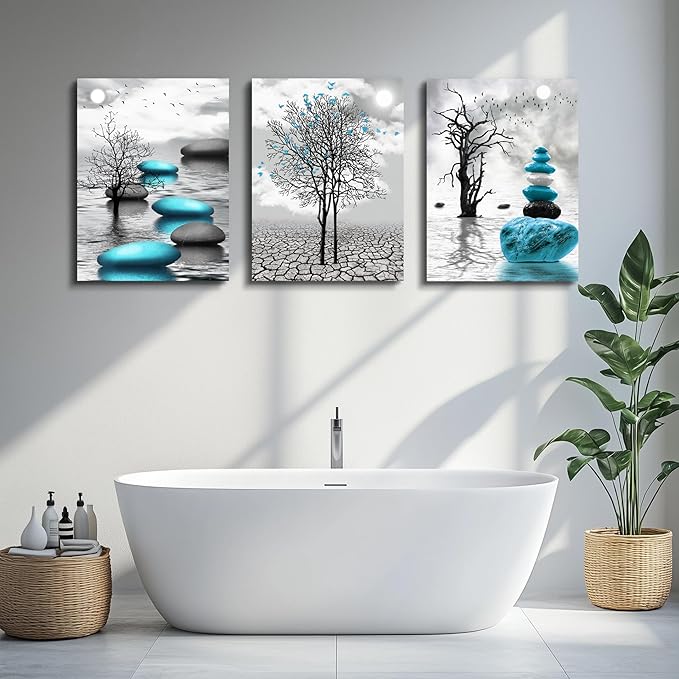 Canvas Wall Art for Living Room Wall Decor for Bedroom Bathroom Black and White Paintings Modern 3 Piece Framed Canvas Art Prints Ready to Hang Inspirational Abstract Blue Pictures Home Decorations