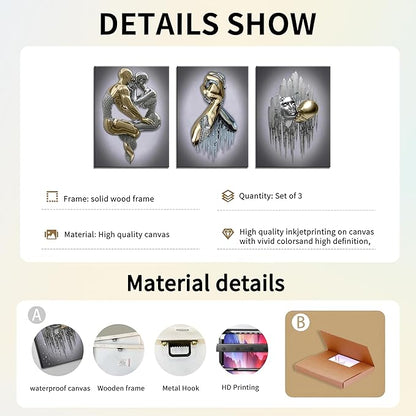 Modern Bedroom Wall Art Set of 3-3D Metal Effect Couple Canvas Paintings Wall Decor, Abstract Figure Statue Art Prints for Living Room Home Decor - 12x16in Framed