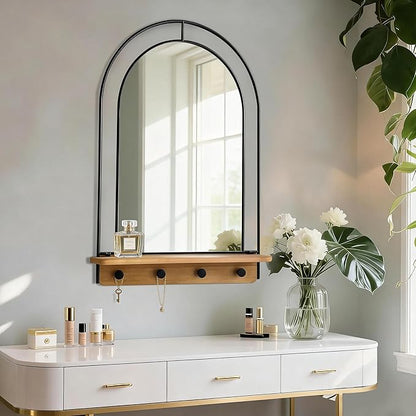 BAODANFU Wall Mirror with Foldable Wood Shelf, Black Bathroom Mirror with 4 Metal Hooks, 20x30 inches Arch Makeup Vanity Mirrors Decorative for Entryway, Bedroom, Dressing Room