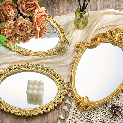 Beeveer 3 Style Vintage Mirrors Set Decorative Oval Wall Mirror Small Antique Mirrored Tray Decorative Hanging Mirror for Bathroom Bedroom Jewelry Organizer Victorian Decor (Shield,Gold)