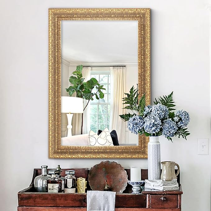 Chende Vintage Gold Mirror for Decor, Large Bathroom Wall Mirror with Symmetrical Leaf Shape, 37" L x 25" W Traditional Wood Mirror for Master Bath Half Bath Kitchen Bedside Table