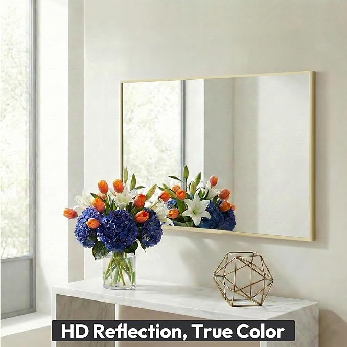 30" x 40" Gold Wall Mirror, 40" x 30" Metal Framed Accent Decor, Transitional Rectangular Mirror for Mantle & Bathroom Vanity