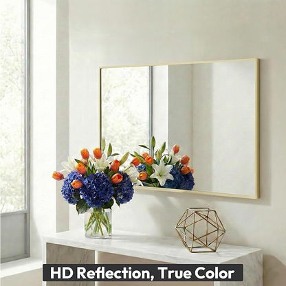 30" x 40" Gold Wall Mirror, 40" x 30" Metal Framed Accent Decor, Transitional Rectangular Mirror for Mantle & Bathroom Vanity