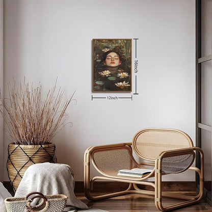 WALLZK Vintage Framed Wall Art Lotus Pool Canvas Prints Woman Portrait Artistic Painting Decor Artwork for Walls Living Room Bedroom Bathroom 12"x16"