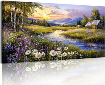 SERIMINO Large Wall Art for Living Room, River Landscape Wall Art, Meadow Wildflower Canvas Art Prints, Countryside Sunset Paintings Wall Decor for Bedroom, Farmhouse Kitchen Decor Pictures 29"X57"