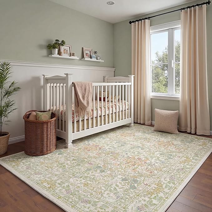 Washable Sage Green 5x8 Area Rug for Large Entryway, Living Room, Kids Room, Boy Nursery Room, Bedroom Rug - Vintage Oriental Low Pile Non Slip & Stain Resistance (5x8 Beige Green)