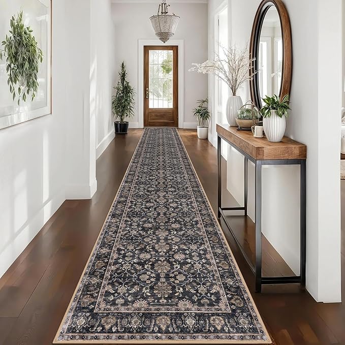 KUTA Vintage Washable Long Hallway Runner Rug, 2.6x16 Brown Non-Slip Kitchen Rugs Ultra Thin Soft Printed Distressed Oriental Floral Floor Carpet for Laundry Bedroom Living Room Nursery