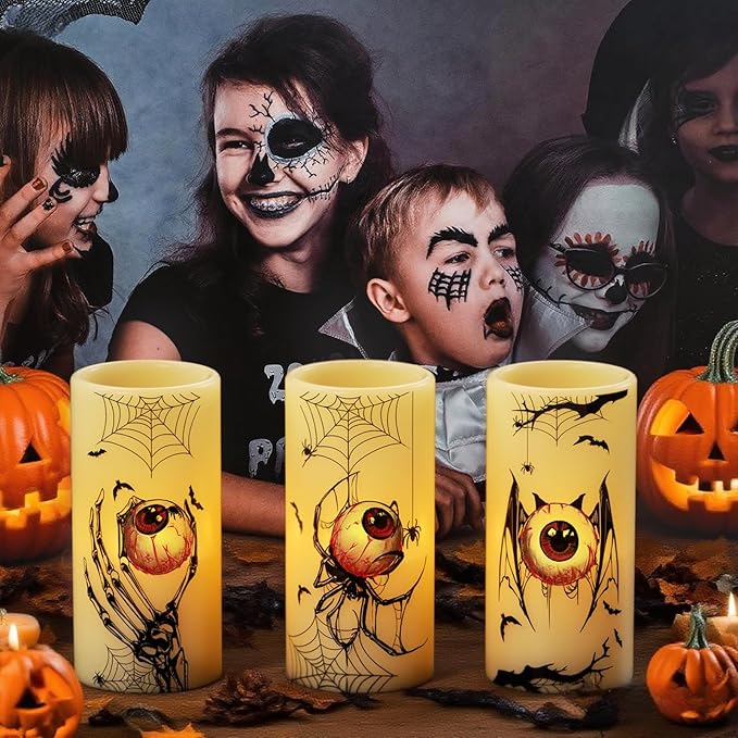 Halloween Flameless Flickering Candles Battery Operated with Timer, 3 Pack Real Wax LED Pillar Candles Spooky Bloody Eyes Spider Decals Dinner Halloween Decorations Indoor(3" D x 6" H)