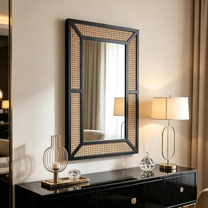 Rattan Mirror for Wall Decor Bohemian Rectangular Large Mirror 35.5" x 23.6", Farmhouse Decorative Wall-Mounted Mirrors, Hanging Mirrors, Woven Wicker, Black Wood Frame