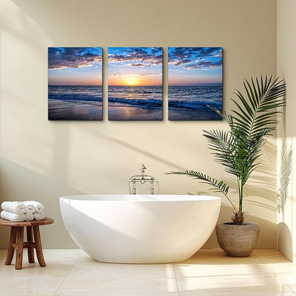 Canvas Wall Art For Living Room Sunrise Blue Sea View Landscape Wall Decor Canvas Prints Artwork Ocean Ready To Hang For Modern Bedroom Bathroom Office Home Decoration 20" X 28" 3 Pieces Framed Panels