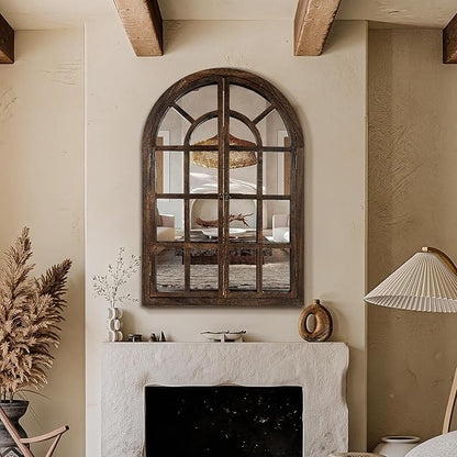 Arched Wall Mirror with Wood Window Frame, 38x26 Vintage Rustic Arch Farmhouse Mirror for Wall, Living Room, Bedroom, Entryway(Brown)
