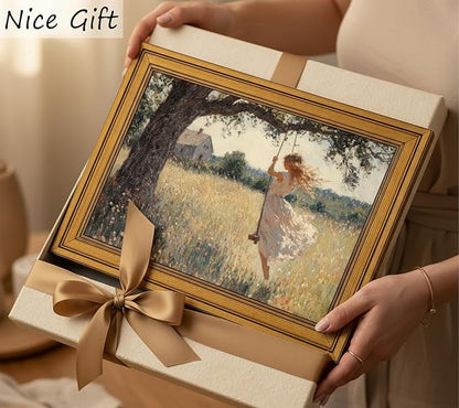 Vintage Gold Framed Canvas Wall Art, Swing Girl Poster Artwork, Country Landscape Print Picture, English Cottage Wildflorals Painting Wall Decor, for Living Room, Bedroom, Home Decoration, 9x11in