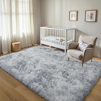 KICHOWUA Thick Area Rug Light Grey Shag Fluffy 5x8 for Bedroom Living Room Soft Plush Washable Fuzzy Carpet for Kids Baby Nursery Non Slip Cozy Furry Shaggy Rugs for Dorm Tie-Dye Gray