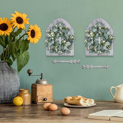 WAKOSAN Rustic Wood Window Frame with Green Wreath and Arrows Wall Decor，Farmhouse Window Frame Hanging Decor, Wooden Fake Decoration,Window Pane Wall Decor,Set of 2 (windows white)
