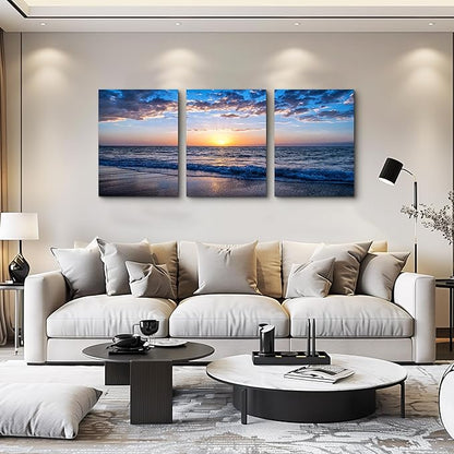 Framed Canvas Wall Art for living room Large Size Office Wall Decor Sunrise blue sea view Wall Pictures Artwork ocean Paintings Ready to Hang for Modern bedroom Home Decoration 16" x 24" 3 Pieces