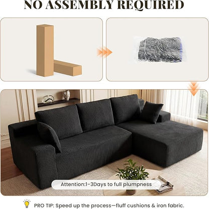 GRUSIGN Cloud Sectional Boneless Couches for Living Room, Modular L Shaped Couch with Deep Seat Oversized Right Facing Chaise, Memory Foam Compressed Spineless 3 Seater Sofa for Apartment, Black
