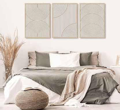 3Pcs Beige Neutral Wall Art Boho Minimalist Line Canvas Paintings Abstract Beige and White Line Wall Decor Mid Century Geometric Posters Prints for Living Room Bedroom Office Art Pictures Unframed